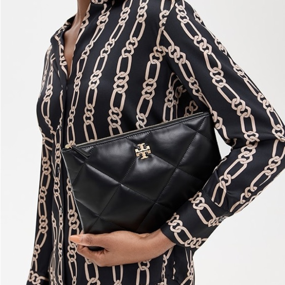 Tory Burch Kira Diamond Quilt Pouch in Black Leather